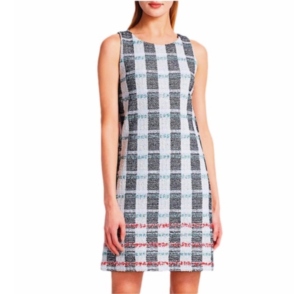 ST. JOHN Tweed Striped Cotton Wool Blend Sheath Dress Metallic Size 6